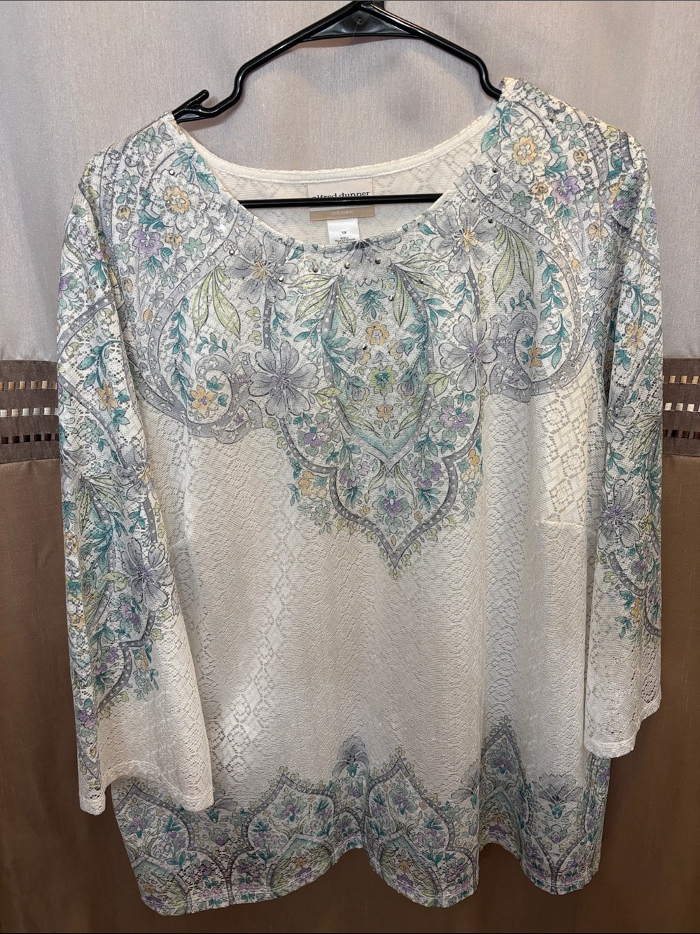 Alfred Dunner White Lace-Effect Tunic with Pastel Floral Motif